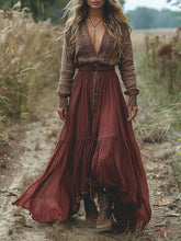 Vintage Color-Block Long Sleeves Maxi Dresses